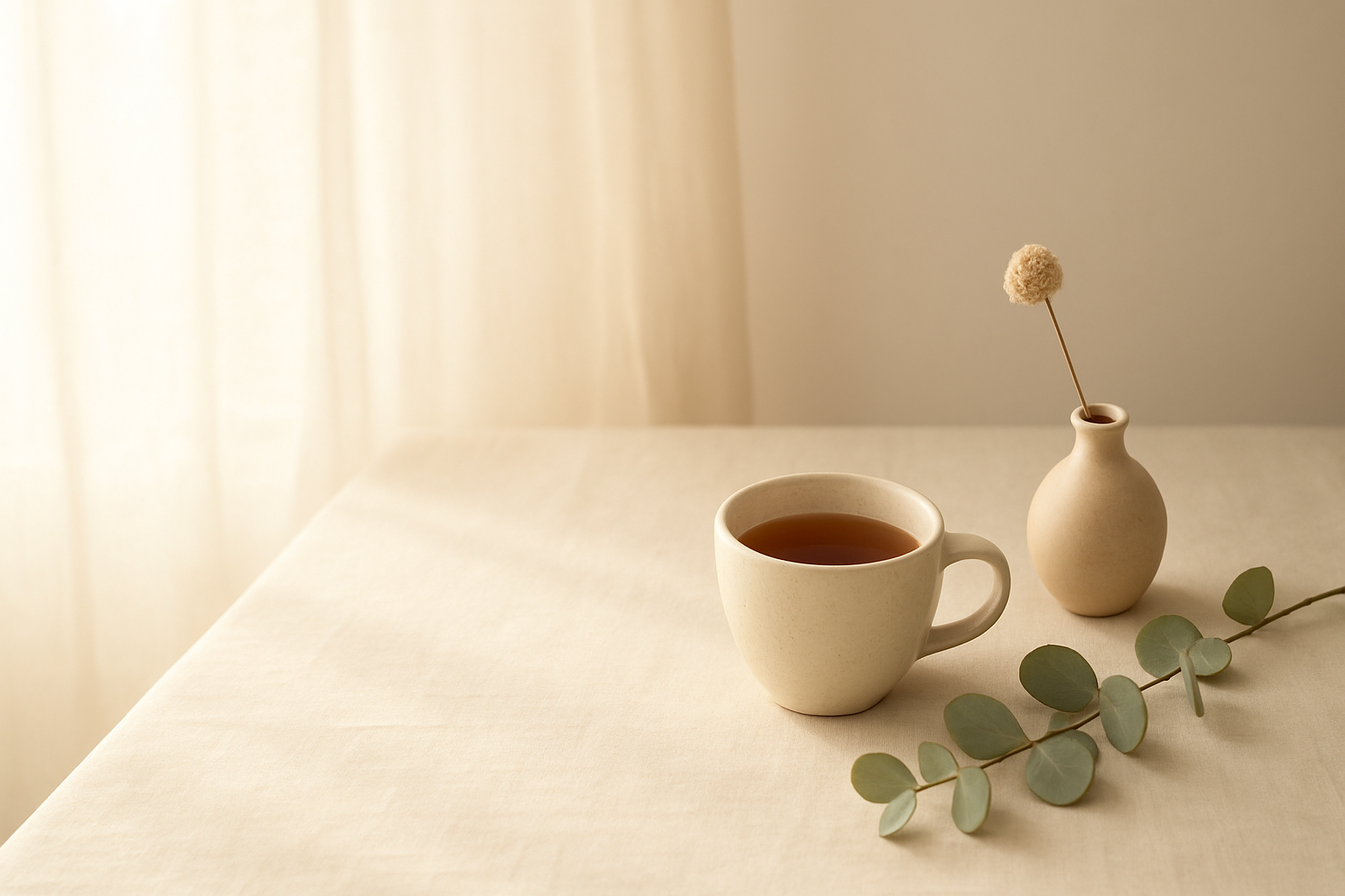 Taza de té, ramita de eucalipto y un pequeño florero sobre un mantel de lino claro con luz de la mañana
